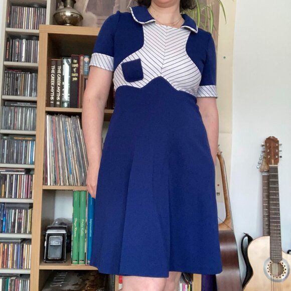 Vintage 1970s Handmade Blue and White Dress - Picture 1 of 9